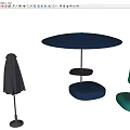 Outdoor Patio Umbrella With Teal Gray Canopy And Blue Round Seat