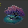 Stylized Pink Flower Tree With Lush Blossoms On Blue Ground And Floating Petals