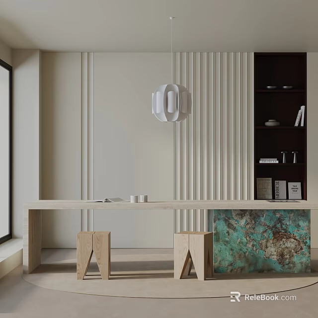 Modern Dining Table Set With Wooden Stools And Minimalist Wall Design Elements 3d model