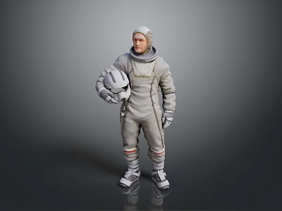 Man in White Spacesuit Standing While Holding Helmet Against Gray Background 3d model