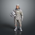 Man in White Spacesuit Standing While Holding Helmet Against Gray Background