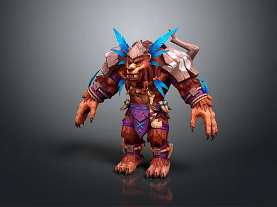 Fierce Brown Game Character With Blue Shoulder Wings Purple Armor And Sharp Claws 3d model