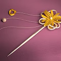Luxurious Gold Flower Hairpin With Silver Chains Gold Heart Decorations And Pearl On Purple Background