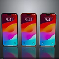 Three Modern Smartphones With Colorful Screen Display And Digital Clock Design