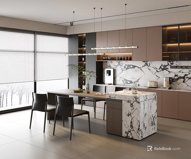 Modern Restaurant Interior With Open Layout Marble Island Dining Table Chairs And Large Windows 3d model 