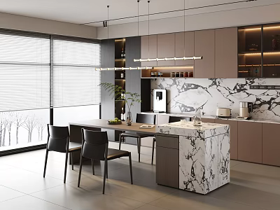 Modern Restaurant Interior With Open Layout Marble Island Dining Table Chairs And Large Windows 3d model