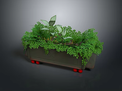Lush Green Leafy Plants Growing in Rectangular Planter with Red Wheels 3d model