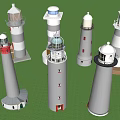 Garden Ornaments Featuring Various Lighthouse Models With Different Designs On Grass