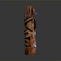 Scenic Natural Landscape Featuring Reddish Brown Wooden Totem Pole With Carved Face And Reflection