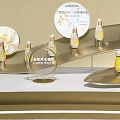 Golden Floral Shaped Art Installation With Curved Display Counter And Central Bottle Decor