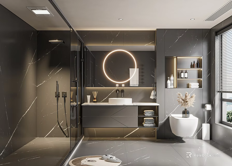 Modern Bathroom Interior With Black Marble Walls Flooring Round Illuminated Mirror Shower Vanity White Toilet 3d model 