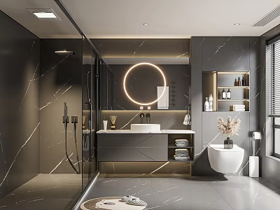 Modern Bathroom Interior With Black Marble Walls Flooring Round Illuminated Mirror Shower Vanity White Toilet 3d model
