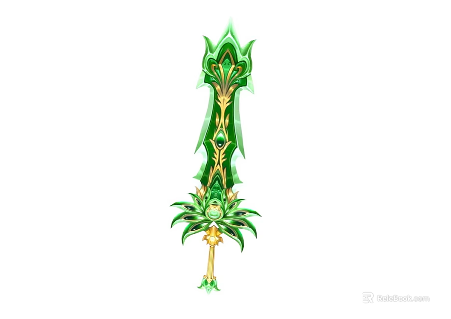Green Mythical Sword With Golden Decorative Accents And Leafy Vine Details 3d model 