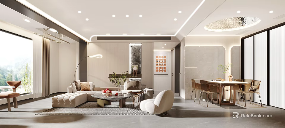 Modern Living and Dining Room Interior With Sofa Coffee Table and Dining Chairs Setup 3d model