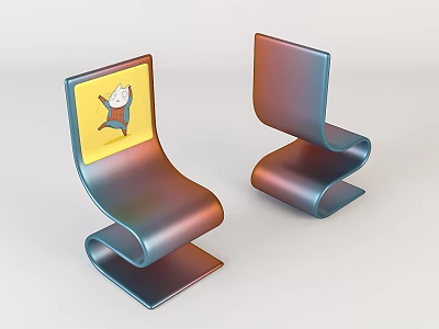 Kids Chair with Modern Curved Design Featuring Cartoon White Cat Blue Outfit Yellow Background 3d model