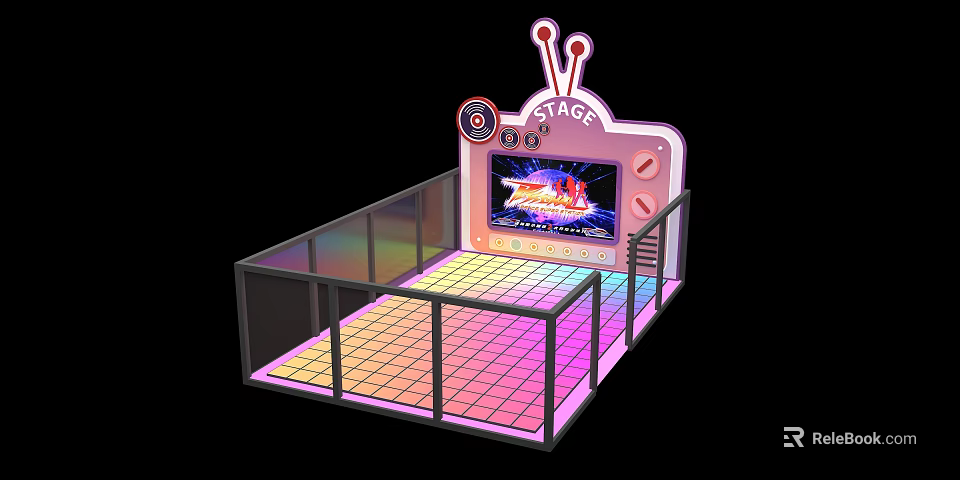 Kids Playground Featuring Pink Stage Screen Animated Display And Colorful Checkered Floor With Black Fence 3d model 