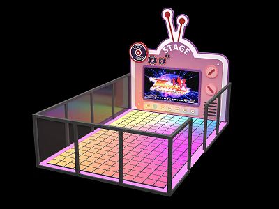 Kids Playground Featuring Pink Stage Screen Animated Display And Colorful Checkered Floor With Black Fence 3d model