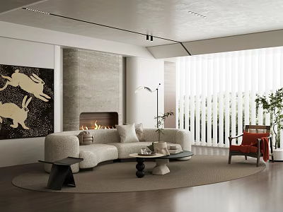 Modern Living Room Interior Design With Sofa Fireplace Rug Artwork And Window Blinds 3d model