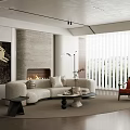 Modern Living Room Interior Design With Sofa Fireplace Rug Artwork And Window Blinds