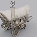 Vintage Covered Wagon With Wooden Structure Canvas Roof Large Wheels And Wooden Tongue