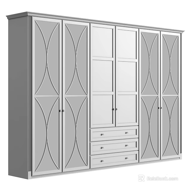 Modern Wardrobe Design With Curved Pattern Doors And Bottom Drawer Storage 3d model 