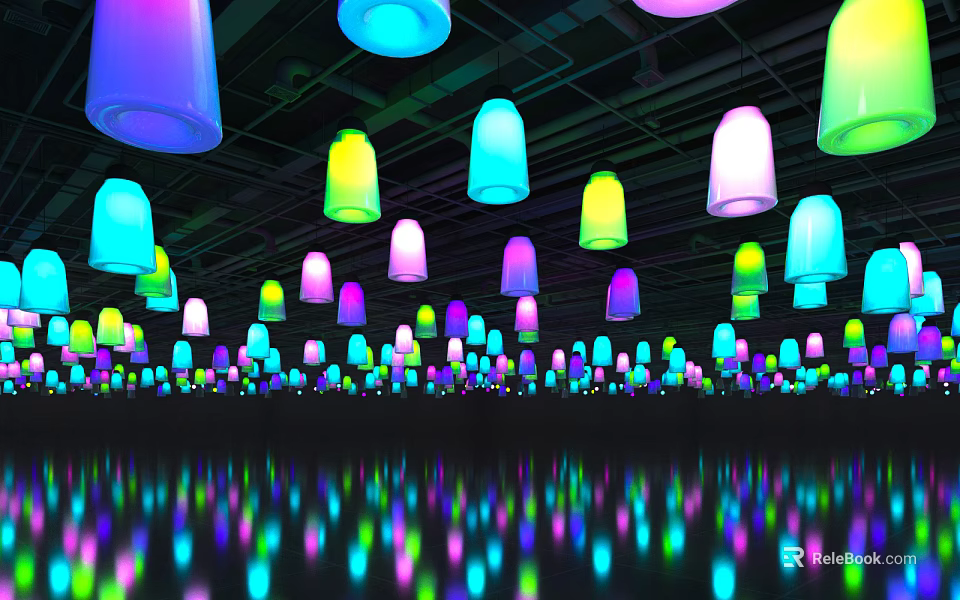 Colorful Decorative Lights Hanging From Ceiling With Vibrant Reflections On Shiny Floor 3d model 