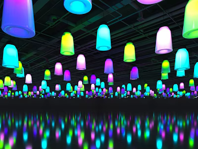 Colorful Decorative Lights Hanging From Ceiling With Vibrant Reflections On Shiny Floor 3d model