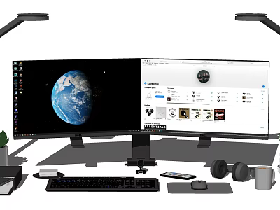 Modern Dual Monitor Computer Setup With Earth Wallpaper Keyboard Mouse And Headphones 3d model