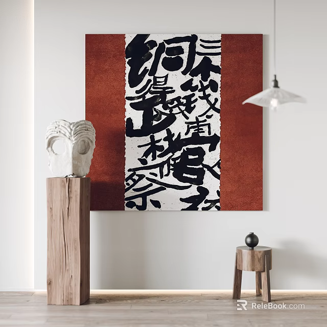 White Sculpture On Wooden Pillar With Abstract Red Painting And Hanging Lamp 3d model 