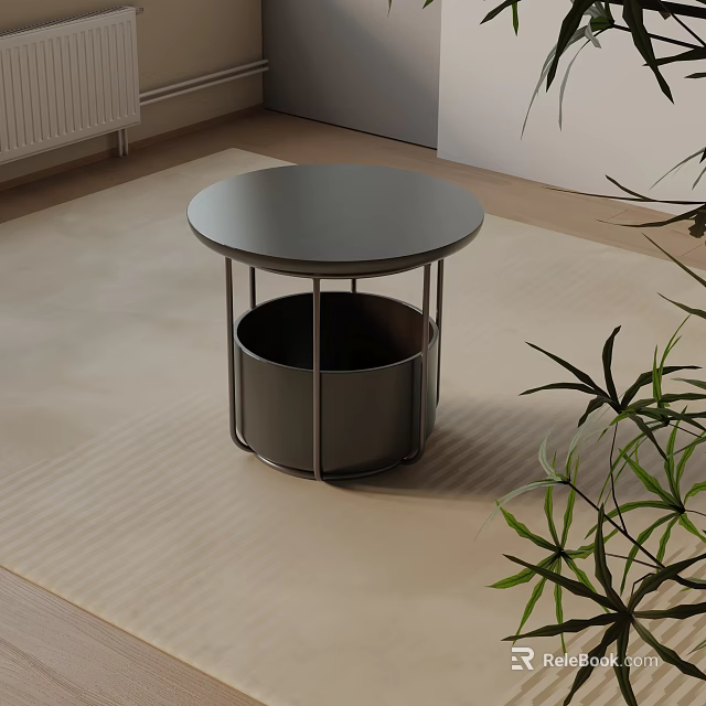 Modern Bedside Table With Round Black Top Metal Frame Storage And Green Plant 3d model 