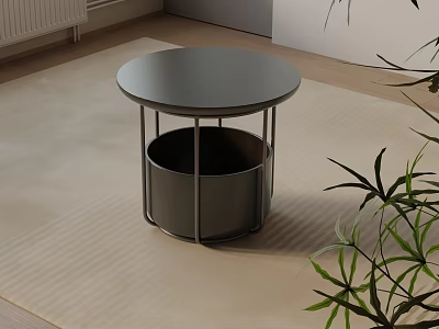 Modern Bedside Table With Round Black Top Metal Frame Storage And Green Plant 3d model