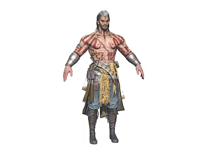 White Haired Shirtless Male Warrior With Mythical Creature Tattoos Arm Guards And Leather Boots 3d model
