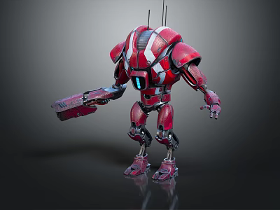 Futuristic Red Armored Robot Character Standing With Mechanical Weapon Arm And Metallic Structure 3d model