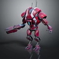 Futuristic Red Armored Robot Character Standing With Mechanical Weapon Arm And Metallic Structure