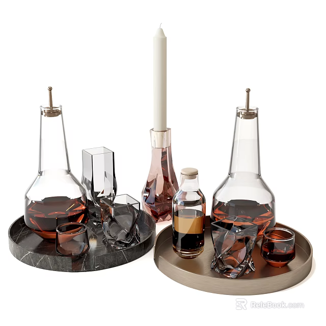 Wine Bottles And Glasses With Brown Liquid On Marble And Metal Trays 3d model 