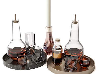 Wine Bottles And Glasses With Brown Liquid On Marble And Metal Trays 3d model