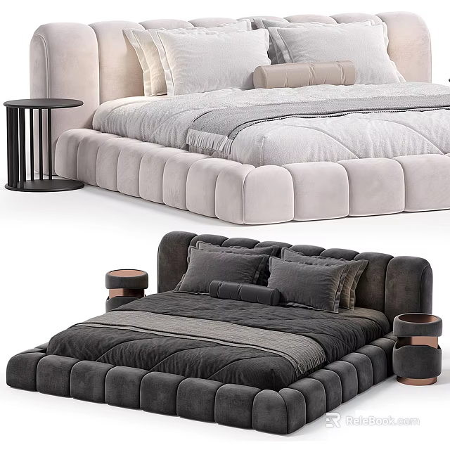 Modern Velvet Double Bed Designs In Light And Dark Gray With Bedside Tables 3d model 