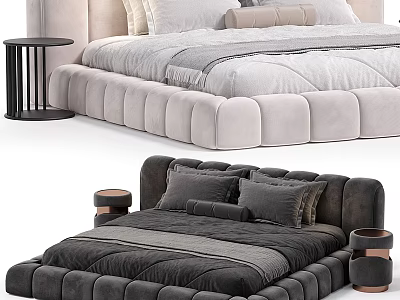 Modern Velvet Double Bed Designs In Light And Dark Gray With Bedside Tables 3d model
