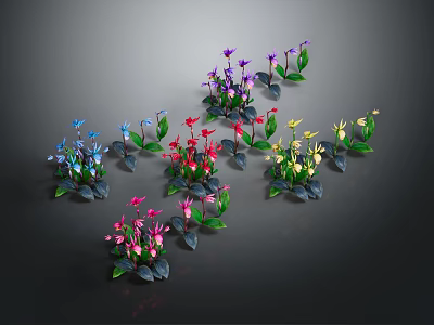 Colorful Potted Plants With Purple Red Yellow Pink Blue Flowers And Green Leaves 3d model