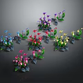 Colorful Potted Plants With Purple Red Yellow Pink Blue Flowers And Green Leaves
