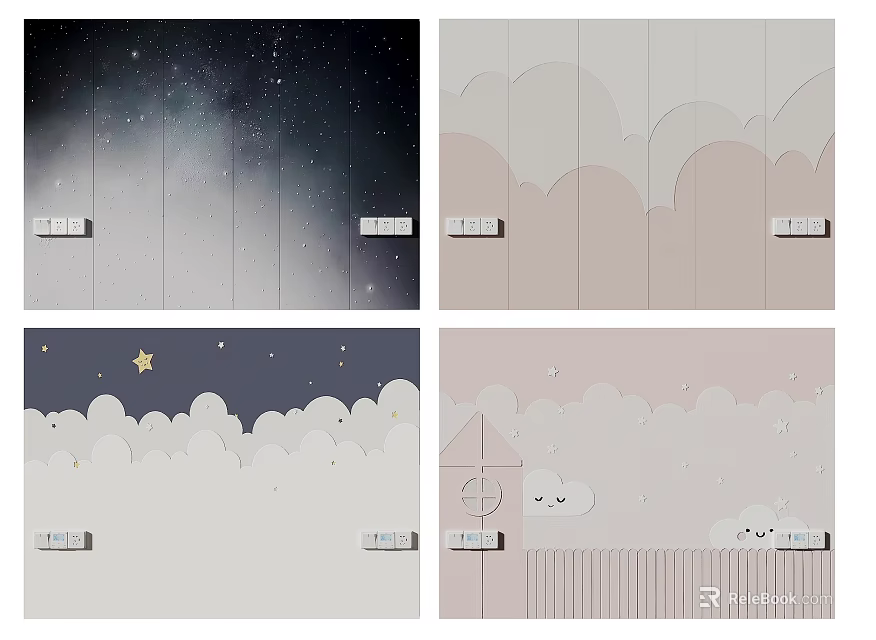 Bedroom Backdrop Wall Design with Starry Sky Clouds Stars and Moon Decorative Elements 3d model 