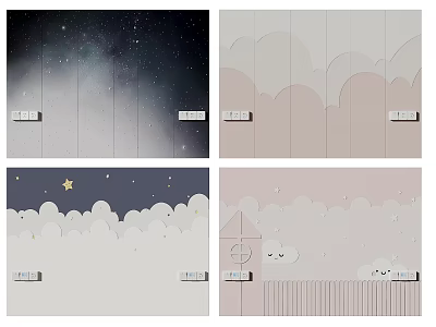 Bedroom Backdrop Wall Design with Starry Sky Clouds Stars and Moon Decorative Elements 3d model