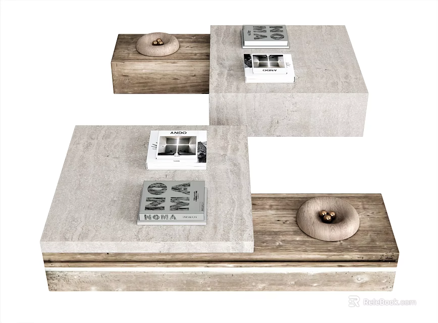 Modern Coffee Table With Wooden Frame Marble Top And Small Decorative Storage Trays 3d model 