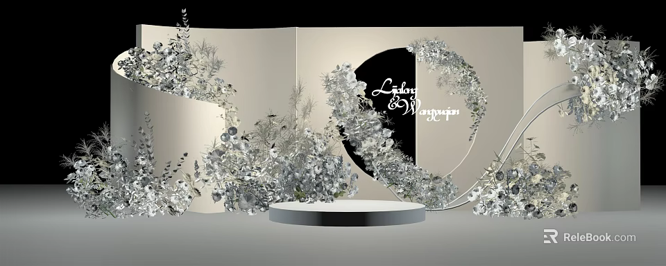 Wedding Decor With Silver White Floral Arrangement Round Backdrop And Platform Stage 3d model