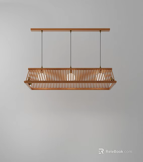 Wooden Slatted Design Chandelier Hanging From Ceiling With Three Illuminated Lights 3d model 