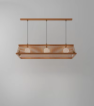 Wooden Slatted Design Chandelier Hanging From Ceiling With Three Illuminated Lights 3d model