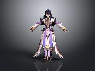Anime Style Woman In Purple And White Outfit With Flowing Sleeves And Decorative Details 3d model