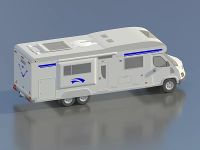 Modern White Camper Van With Blue Stripes Roof Vents And Side Windows 3d model