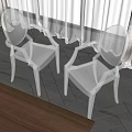 Two Transparent Leisure Chairs On Wooden Floor With White And Brown Curtains