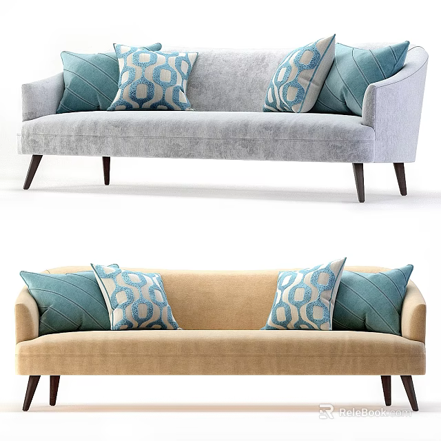 Gray and Beige Two Seater Sofas With Blue Patterned Cushions and Modern Design 3d model